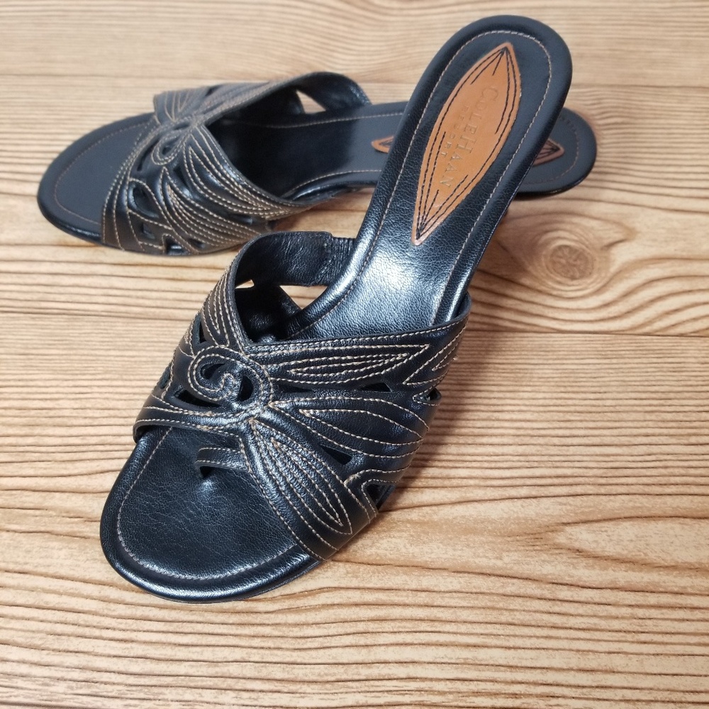 Cole Haan Resort Black Leather Kitten Heel Sandals